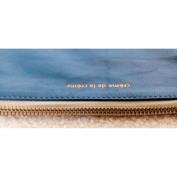 Anthropologie "Creme de la Creme" Blue Leather Gold Zipper Pouch 9 in x 4 in - Picture 6 of 9